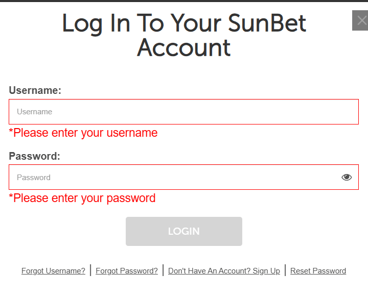 Sunbet login form 