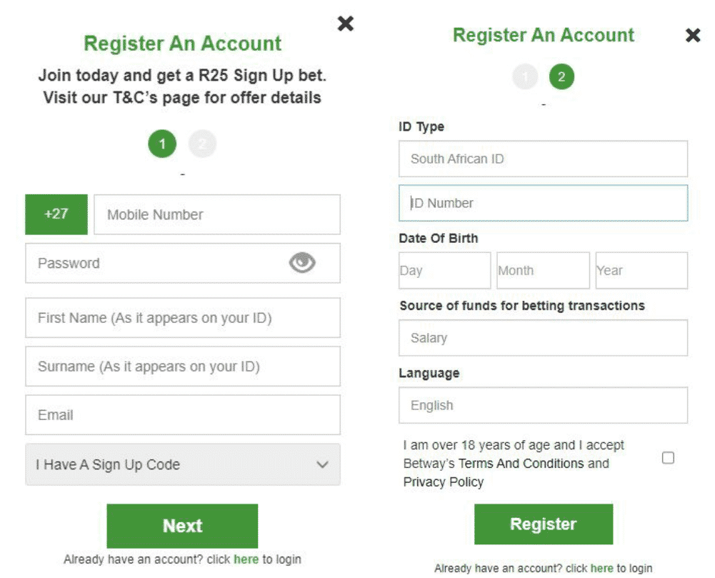 registration form on betway
