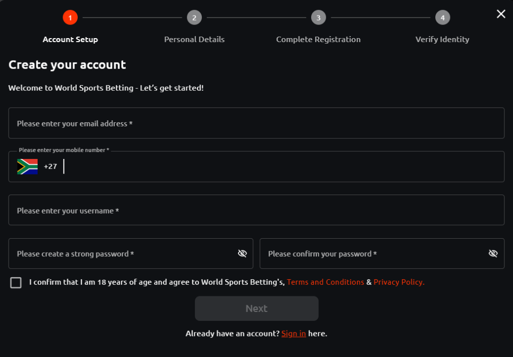 World sports betting sign up