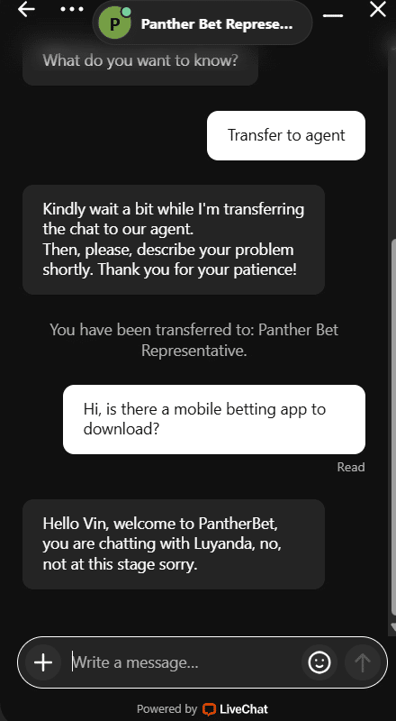 PantherBet customer support 