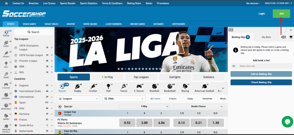Soccershop homepage with Sportsbook