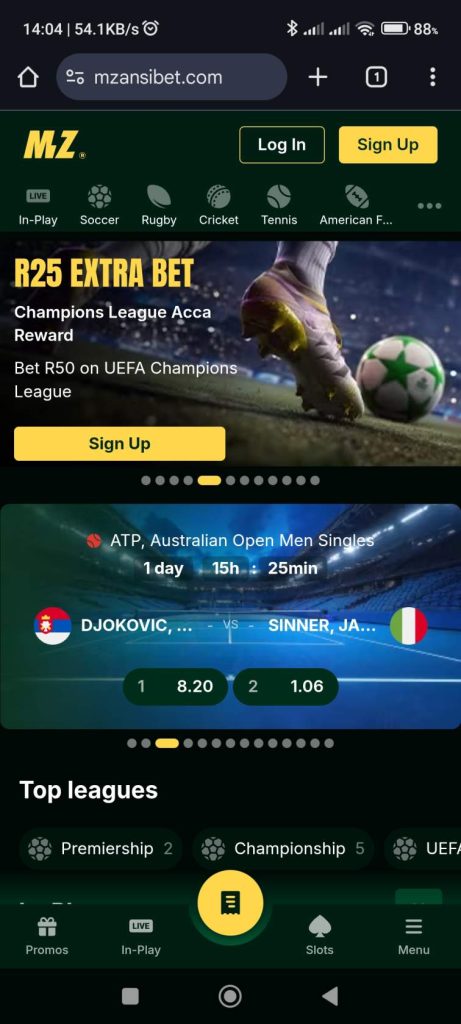 Click the Sign Up button to register a new Mzansibet account