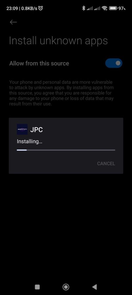 Enable 'Install from unknown sources' to install the Jackpot City app.