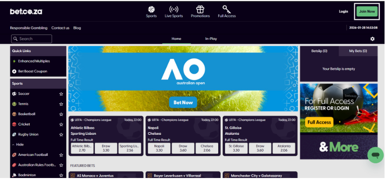 Click the "Join Now" button to register with bet.co.za.