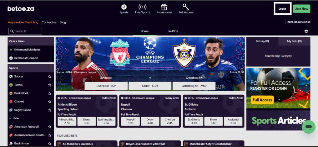 Click the "Login" button to access your bet.co.za account.