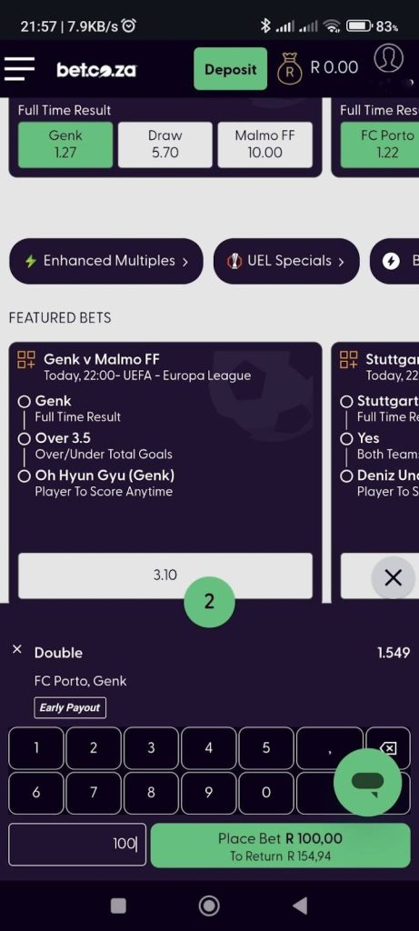 Enter the stake and select Place Bet to confirm your bet for bet.co.za. 