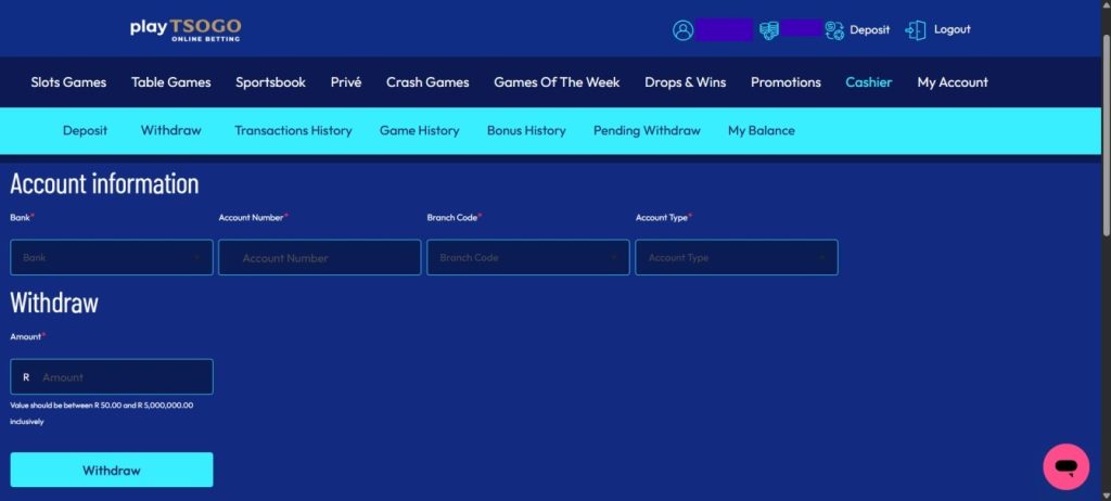 Enter your banking details and the amount you want to withdraw from playTSOGO